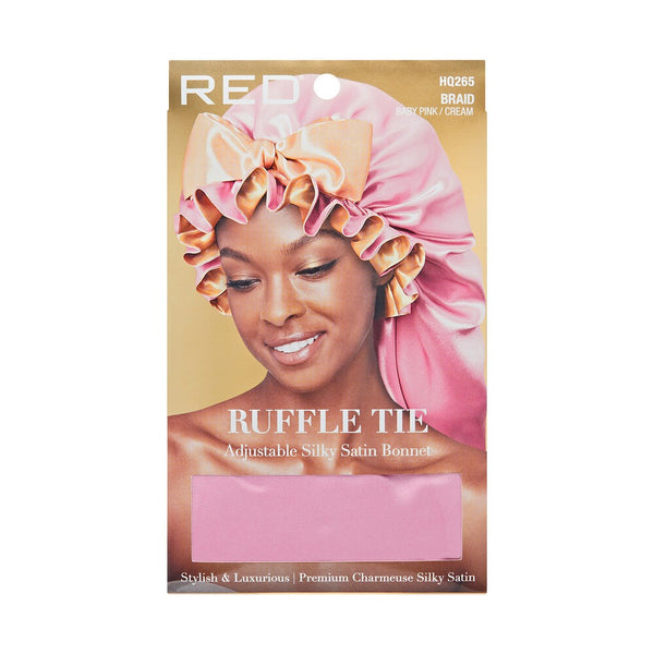 RED RUFFLE TIE BONNET BRAID BABY PINK/CREAM - (HQ265)
