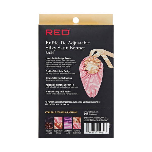 RED RUFFLE TIE BONNET BRAID BABY PINK/CREAM - (HQ265)