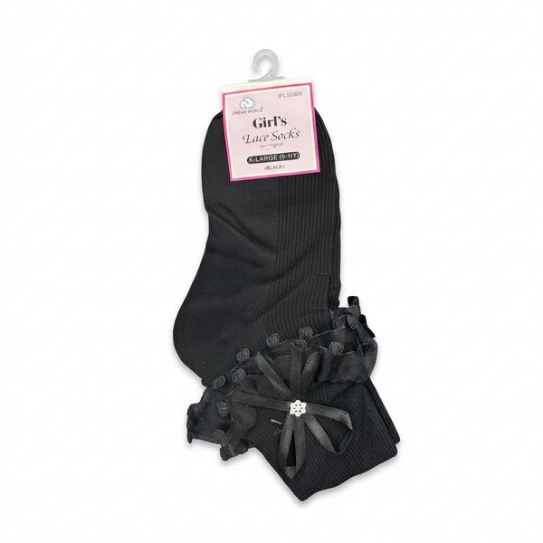 Dream World Girl's Lace Socks with Ruffle & Bow – Black