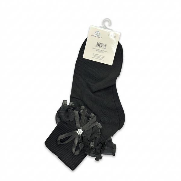 Dream World Girl's Lace Socks with Ruffle & Bow – Black