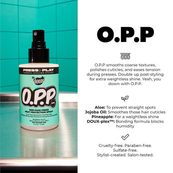 THE DOUX PRESS PLAY O.P.P. ONE PASS PRESS HEAT PROTECT SPRAY 4OZ
